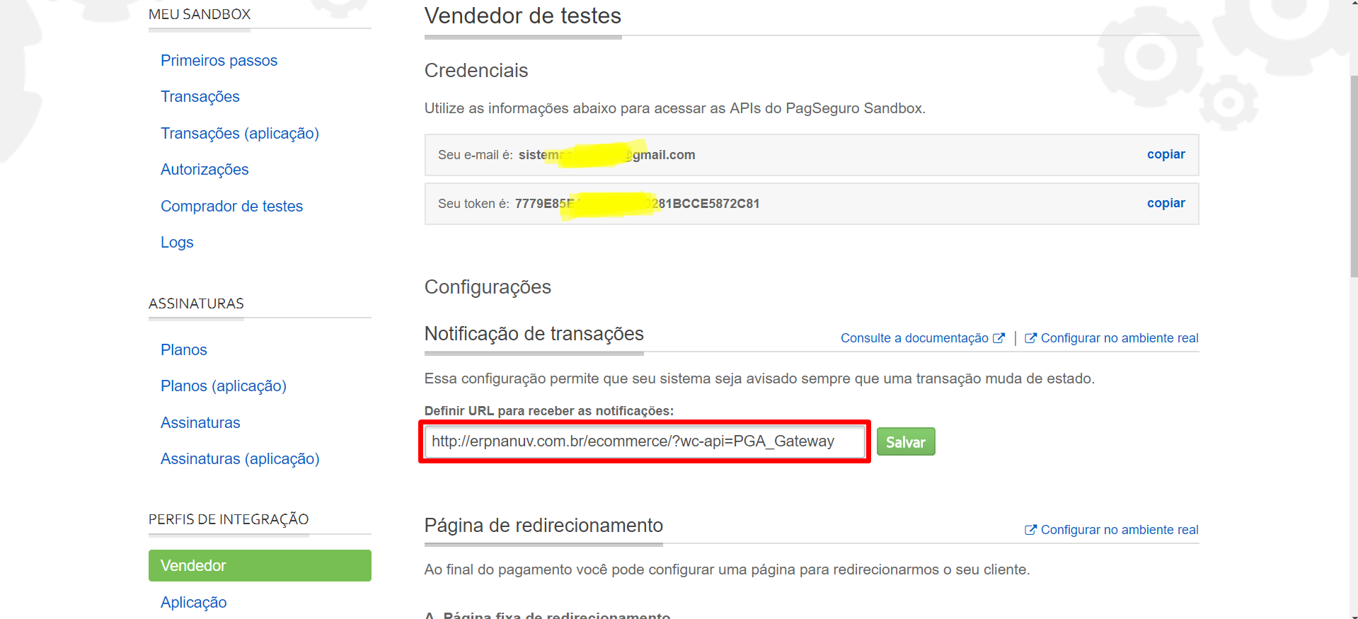 Informar a URL de noficações no sandbox