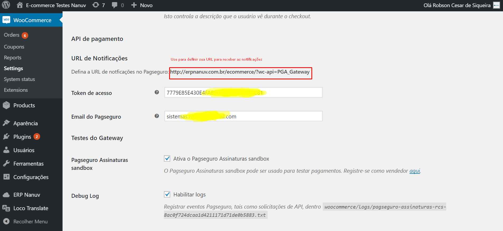 Configurações do plugin.