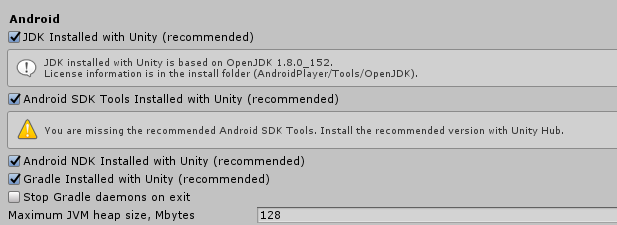 Qual versão do JDK, NDK E SDK o Unity Hub recomenda para Unity 2019.2.12f1 (64-bit)? Sdk