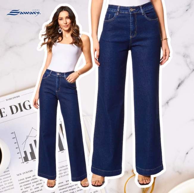 Calça Jeans Feminina Wide Leg Com Elastano Sawary